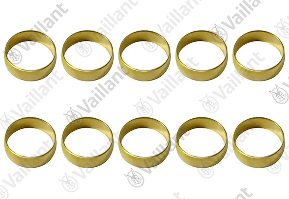 Zehn goldfarbene Dichtungsringe auf hellem Hintergrund, mit dem Logo von Vaillant. Die Ringe sind gleichmäßig und rund geformt.